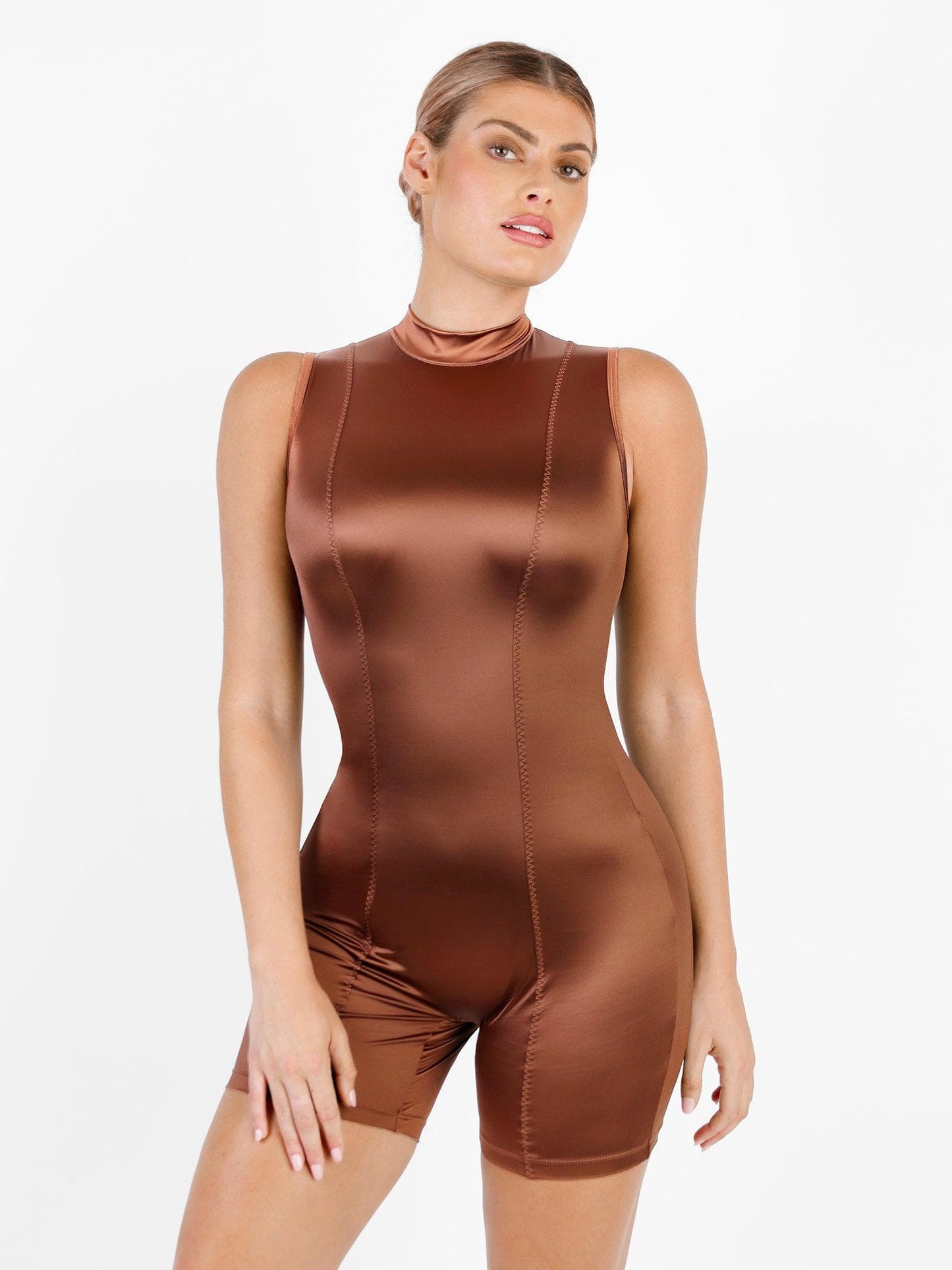 NOVA – Stretch Satin Sculpting Romper - LivingCurves Casual Jumpsuit Tummy Control Bruin / S