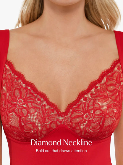ALYSSA – Lace Cup Bodysuit met Cap Sleeves - LivingCurves Tops Body Shaper Tank Rood / XS