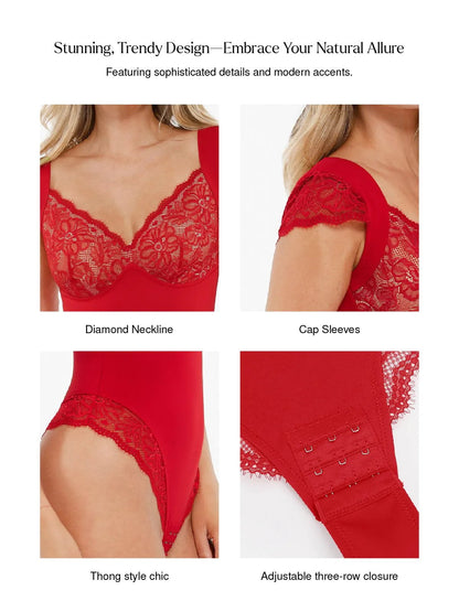 ALYSSA – Lace Cup Bodysuit met Cap Sleeves - LivingCurves Tops Body Shaper Tank Rood / XS