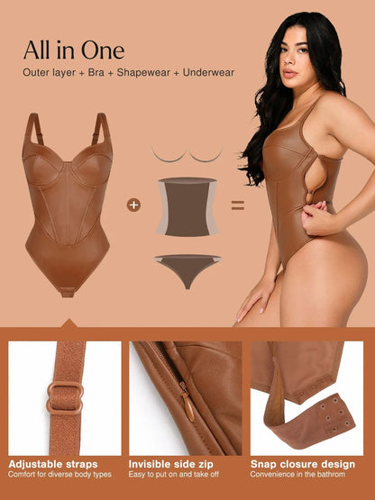 LIVIA – Faux Leather V-Neck Bodysuit - LivingCurves Sculpting Tummy Control Sleeveless Body Shaper Zwart / XS
