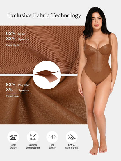 LIVIA – Faux Leather V-Neck Bodysuit - LivingCurves Sculpting Tummy Control Sleeveless Body Shaper Zwart / XS