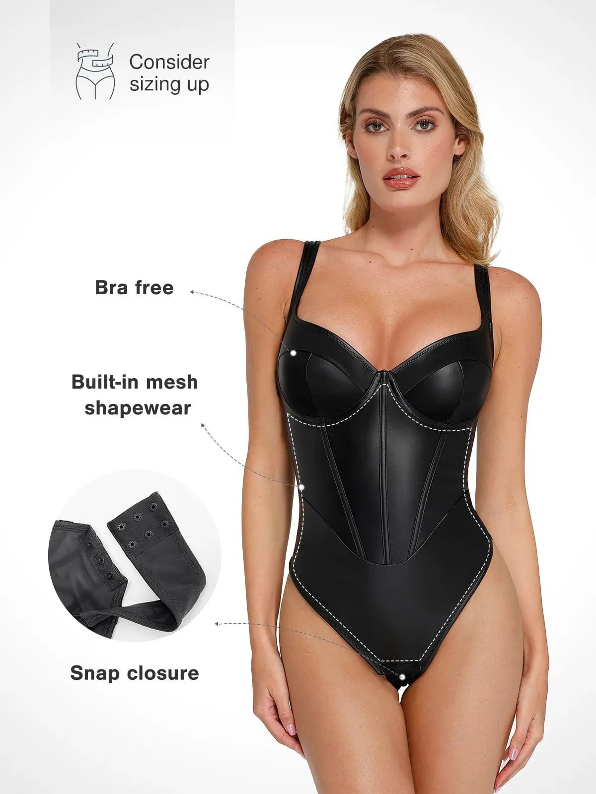 LIVIA – Faux Leather V-Neck Bodysuit - LivingCurves Sculpting Tummy Control Sleeveless Body Shaper Zwart / XS