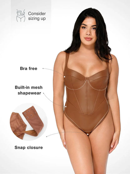 LIVIA – Faux Leather V-Neck Bodysuit - LivingCurves Sculpting Tummy Control Sleeveless Body Shaper Zwart / XS