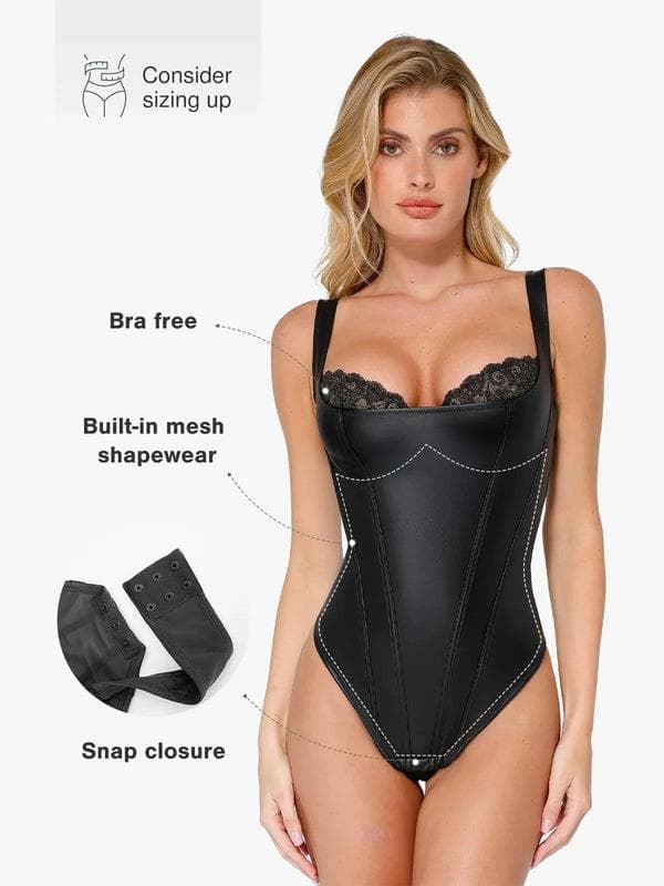 Shapewear Faux Leather Lace Balconette Sculpting Bodysuit - LivingCurves Sexy Tops Body Shaper Black / XS