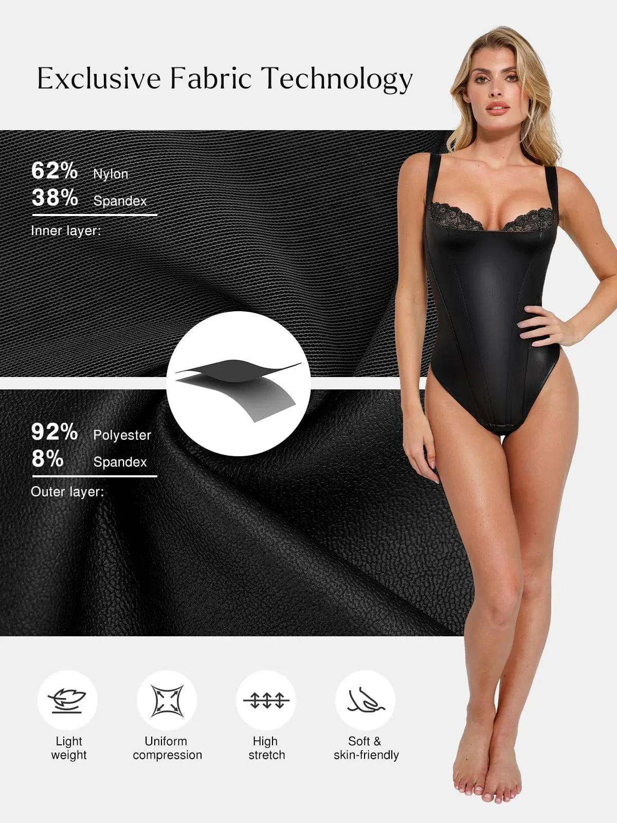 Shapewear Faux Leather Lace Balconette Sculpting Bodysuit - LivingCurves Sexy Tops Body Shaper Black / XS