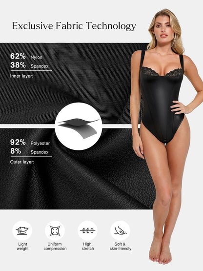 Shapewear Faux Leather Lace Balconette Sculpting Bodysuit - LivingCurves Sexy Tops Body Shaper Black / XS