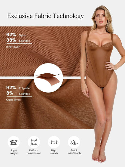 Shapewear Faux Leather Lace Balconette Sculpting Bodysuit - LivingCurves Sexy Tops Body Shaper Black / XS