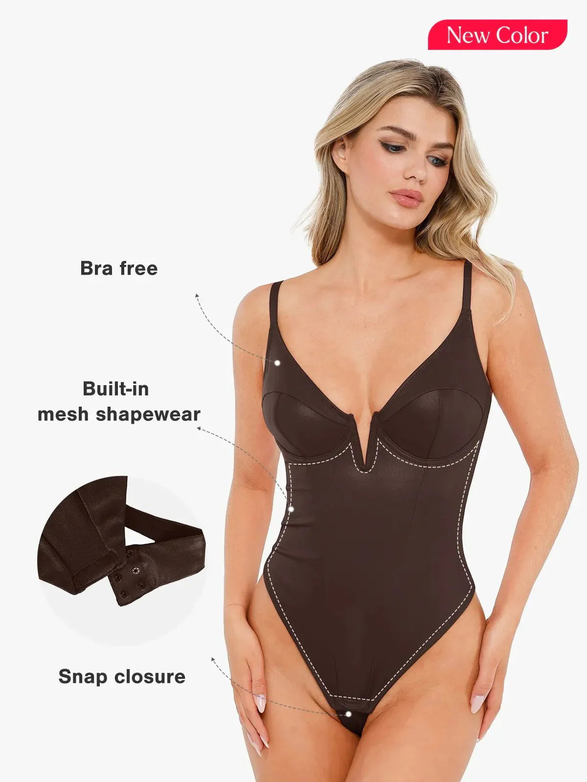 ELORA – Faux Leather Corset Bodysuit met Diepe V - LivingCurves Tops Body Shaper Tank Bruin / XS