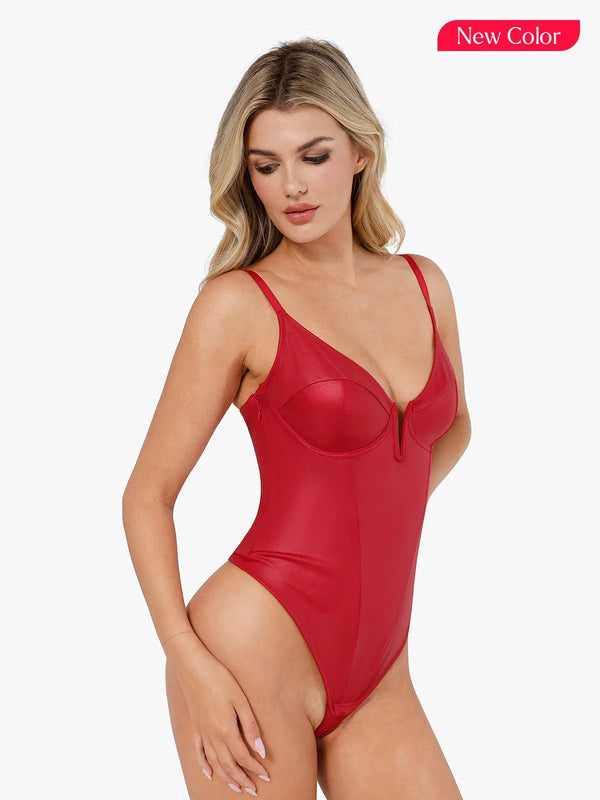 ELORA – Faux Leather Corset Bodysuit met Diepe V - LivingCurves Tops Body Shaper Tank Bruin / XS