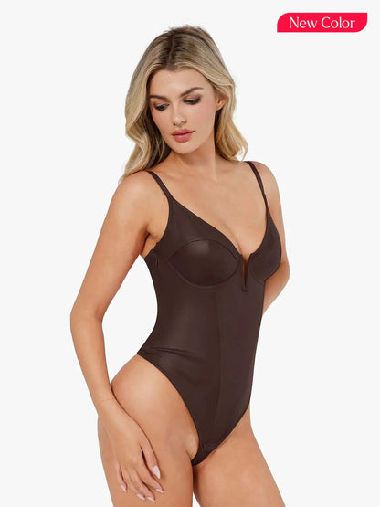 ELORA – Faux Leather Corset Bodysuit met Diepe V - LivingCurves Tops Body Shaper Tank Bruin / XS