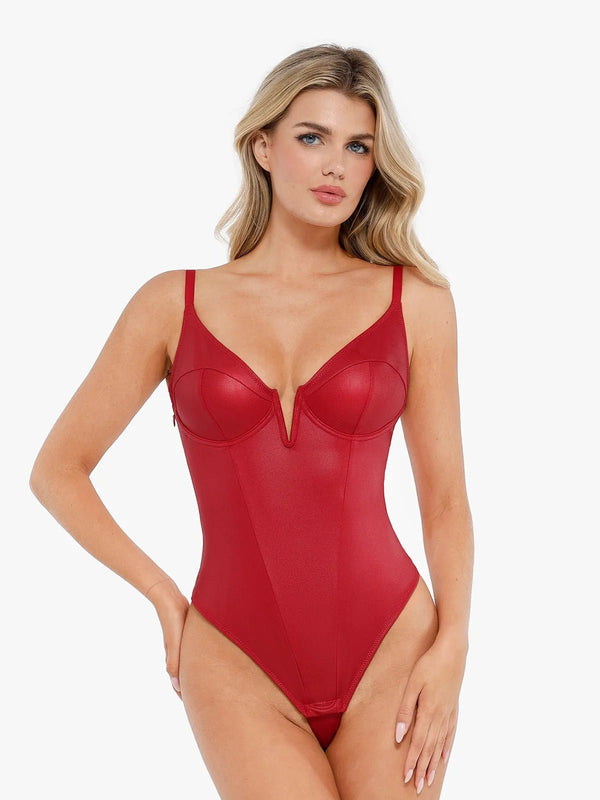 ELORA – Faux Leather Corset Bodysuit met Diepe V - LivingCurves Tops Body Shaper Tank Rood / XS