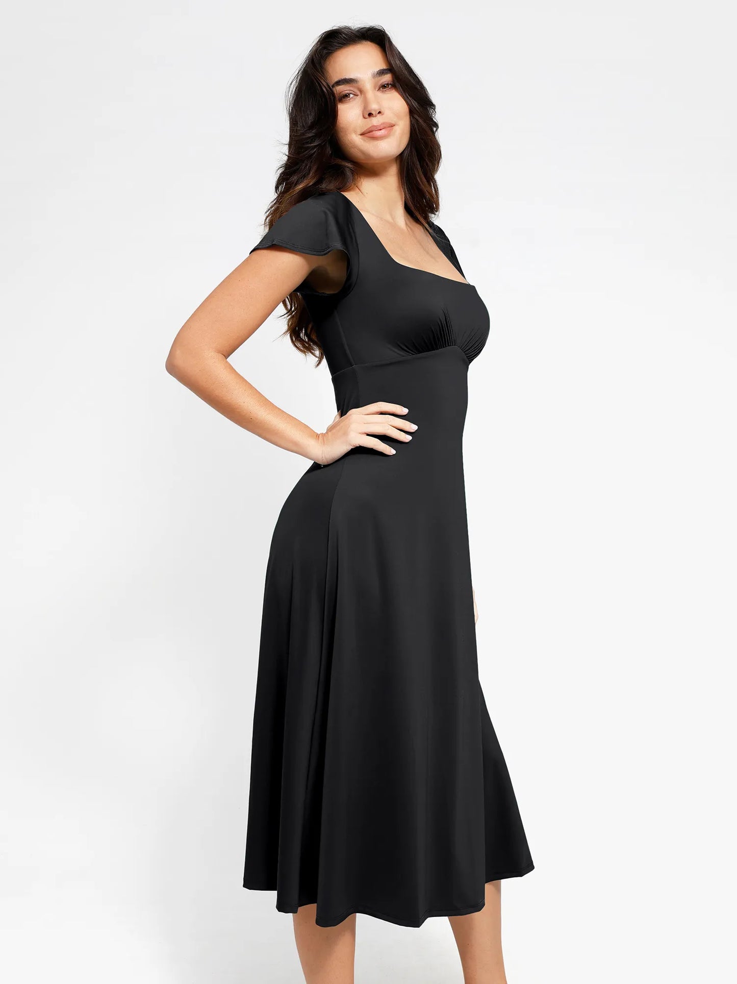 ELA – Sculpting Flutter Sleeve Midi Dress