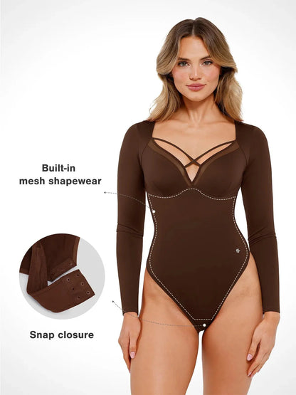 Shapewear Long Sleeve Mesh Inset Tummy Control Bodysuit - LivingCurves Tops Body Shaper Sculpting Winter Black / S