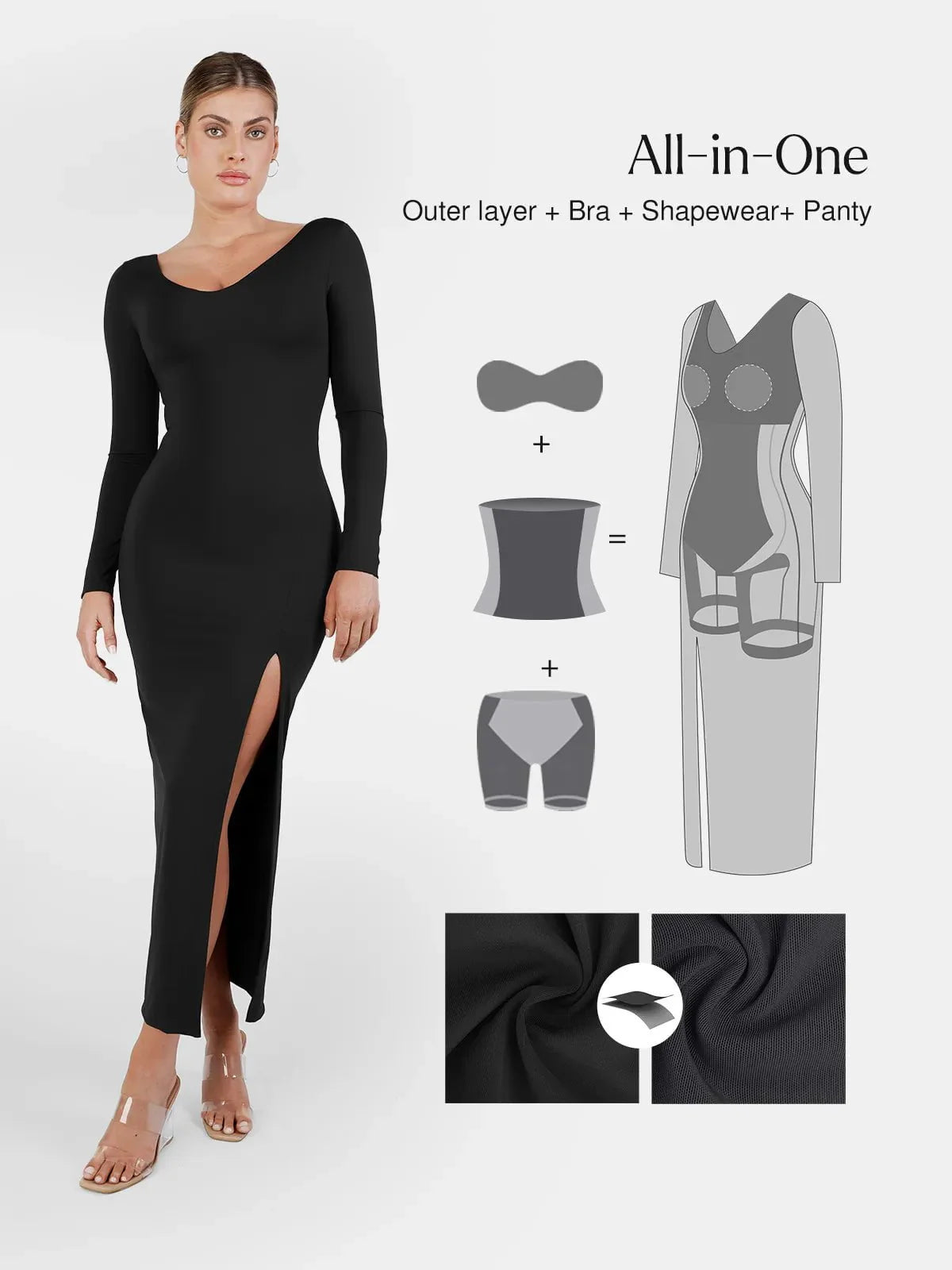 AMARA – Shaping Maxi Jurk met V-Hals & Lange Mouwen