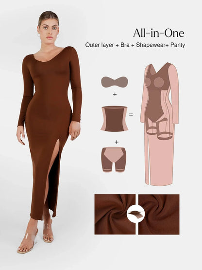 AMARA – Shaping Maxi Jurk met V-Hals & Lange Mouwen