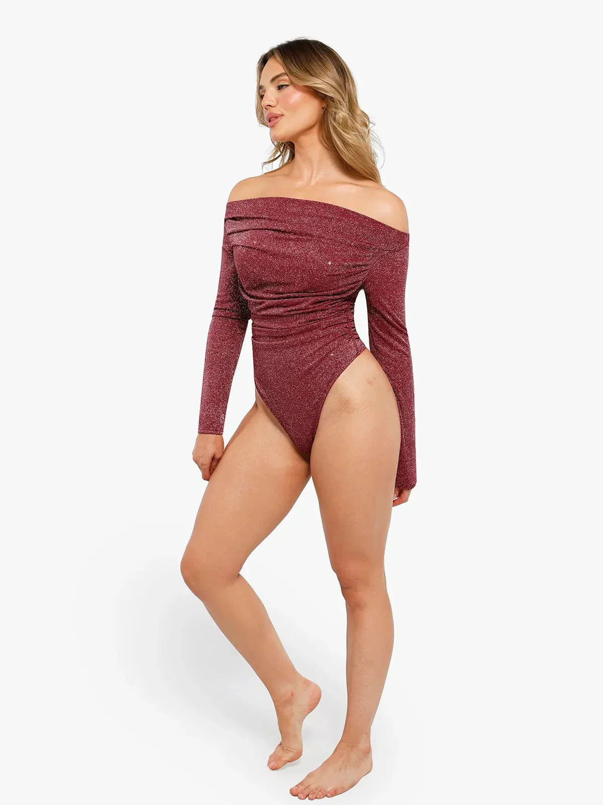 VERA – Metallic Knit Shaping Bodysuit met Lange Mouwen - LivingCurves Off Shoulder Shine Tops Body Shaper Winter Zwart / XS