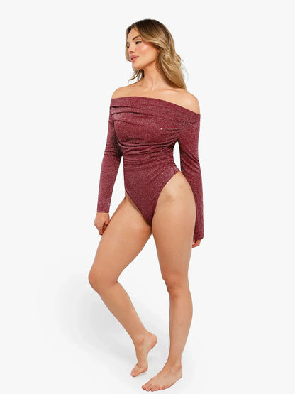 VERA – Metallic Knit Shaping Bodysuit met Lange Mouwen - LivingCurves Off Shoulder Shine Tops Body Shaper Winter Zwart / XS