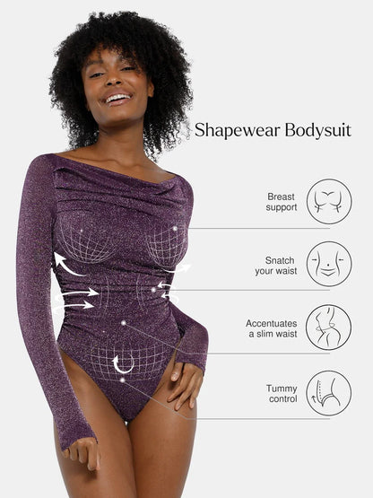 VERA – Metallic Knit Shaping Bodysuit met Lange Mouwen - LivingCurves Off Shoulder Shine Tops Body Shaper Winter Zwart / XS