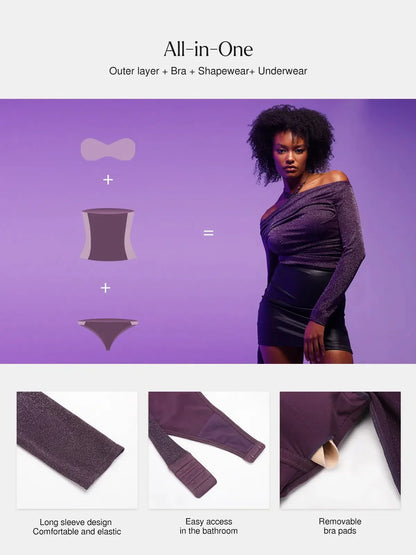 VERA – Metallic Knit Shaping Bodysuit met Lange Mouwen - LivingCurves Off Shoulder Shine Tops Body Shaper Winter Zwart / XS