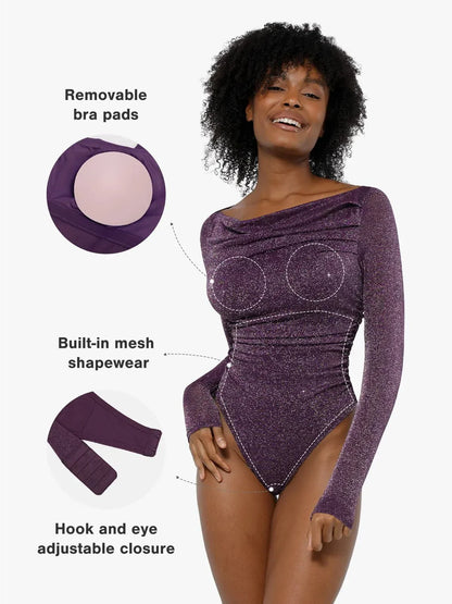 VERA – Metallic Knit Shaping Bodysuit met Lange Mouwen - LivingCurves Off Shoulder Shine Tops Body Shaper Winter Zwart / XS