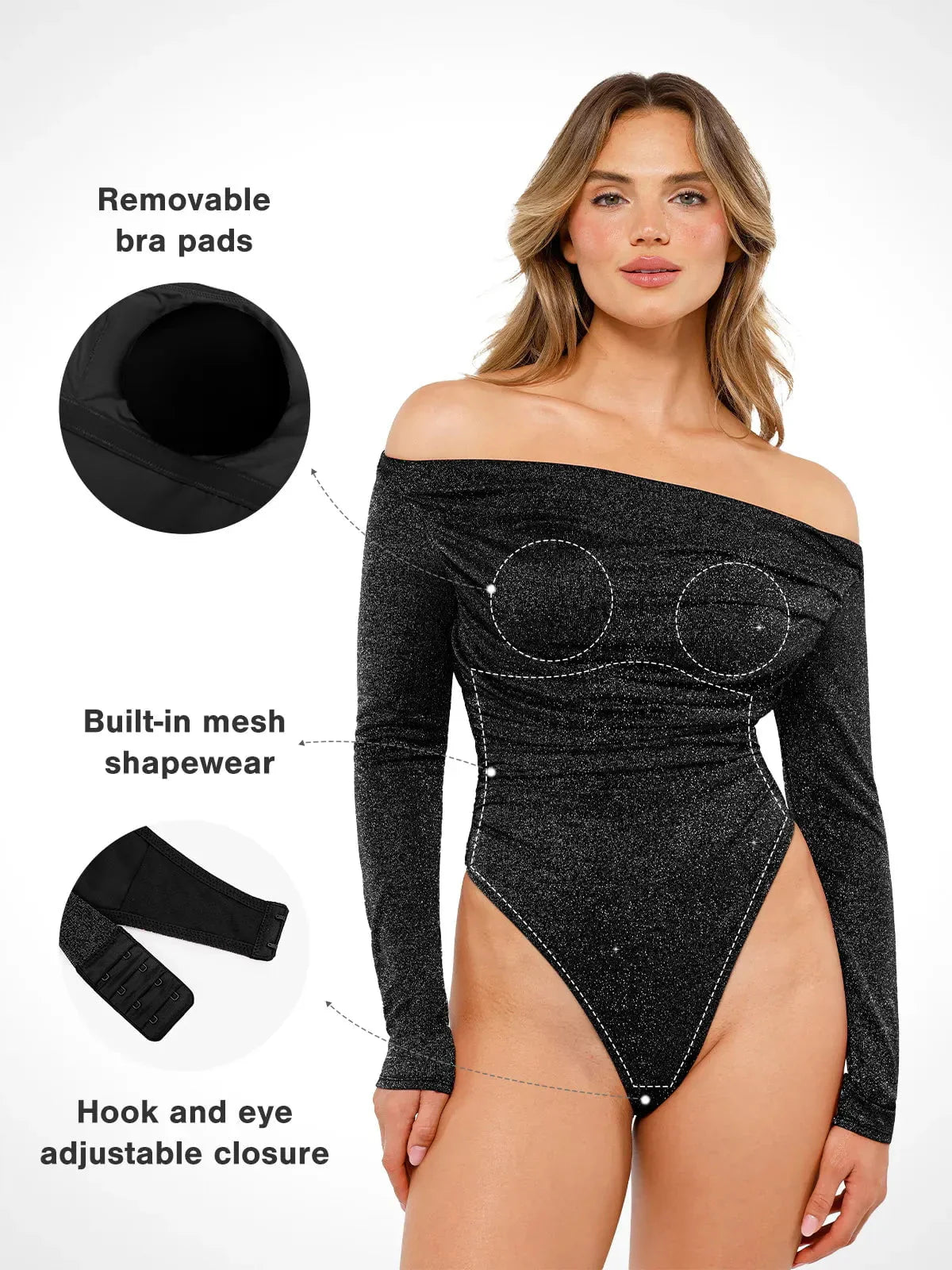 VERA – Metallic Knit Shaping Bodysuit met Lange Mouwen - LivingCurves Off Shoulder Shine Tops Body Shaper Winter Zwart / XS