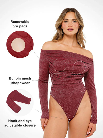 VERA – Metallic Knit Shaping Bodysuit met Lange Mouwen - LivingCurves Off Shoulder Shine Tops Body Shaper Winter Zwart / XS