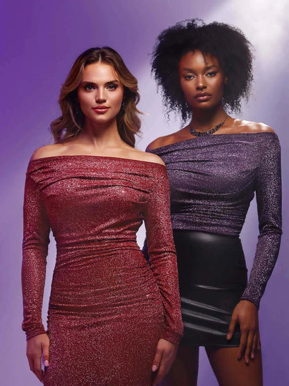 VERA – Metallic Knit Shaping Bodysuit met Lange Mouwen - LivingCurves Off Shoulder Shine Tops Body Shaper Winter Zwart / XS
