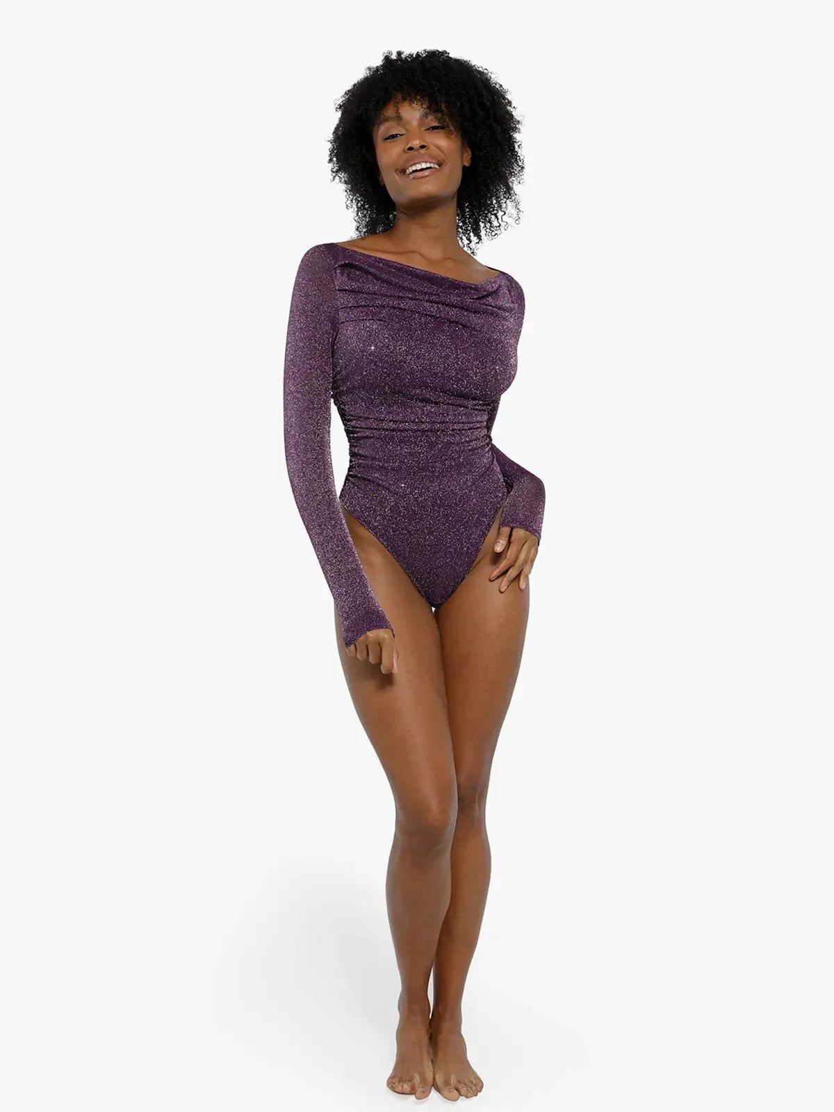 VERA – Metallic Knit Shaping Bodysuit met Lange Mouwen - LivingCurves Off Shoulder Shine Tops Body Shaper Winter Zwart / XS