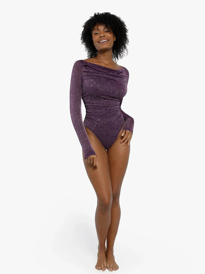 VERA – Metallic Knit Shaping Bodysuit met Lange Mouwen - LivingCurves Off Shoulder Shine Tops Body Shaper Winter Zwart / XS