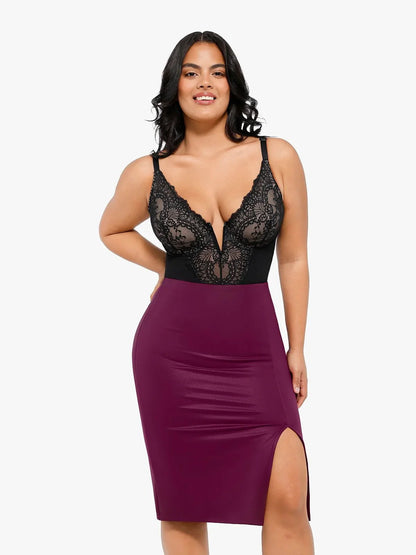 Shapewear Sculpting Faux Leather Front Slit Midi Skirt - LivingCurves Office Working Skirt Black / S