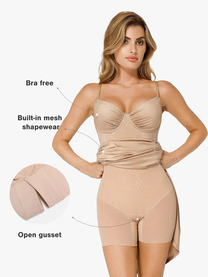 LEONA – Ruched Shine Sculpting Maxi Slip Dress