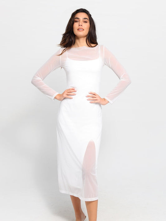 NOIR – Slimming Midi Jurk met Mesh Overlay