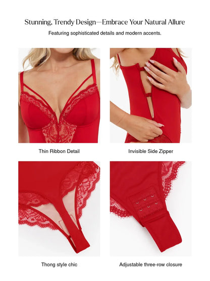 Shapewear Strappy Tummy Control Lace Inset Bodysuit - LivingCurves Sexy Tops Body Shaper Chili Red / XS