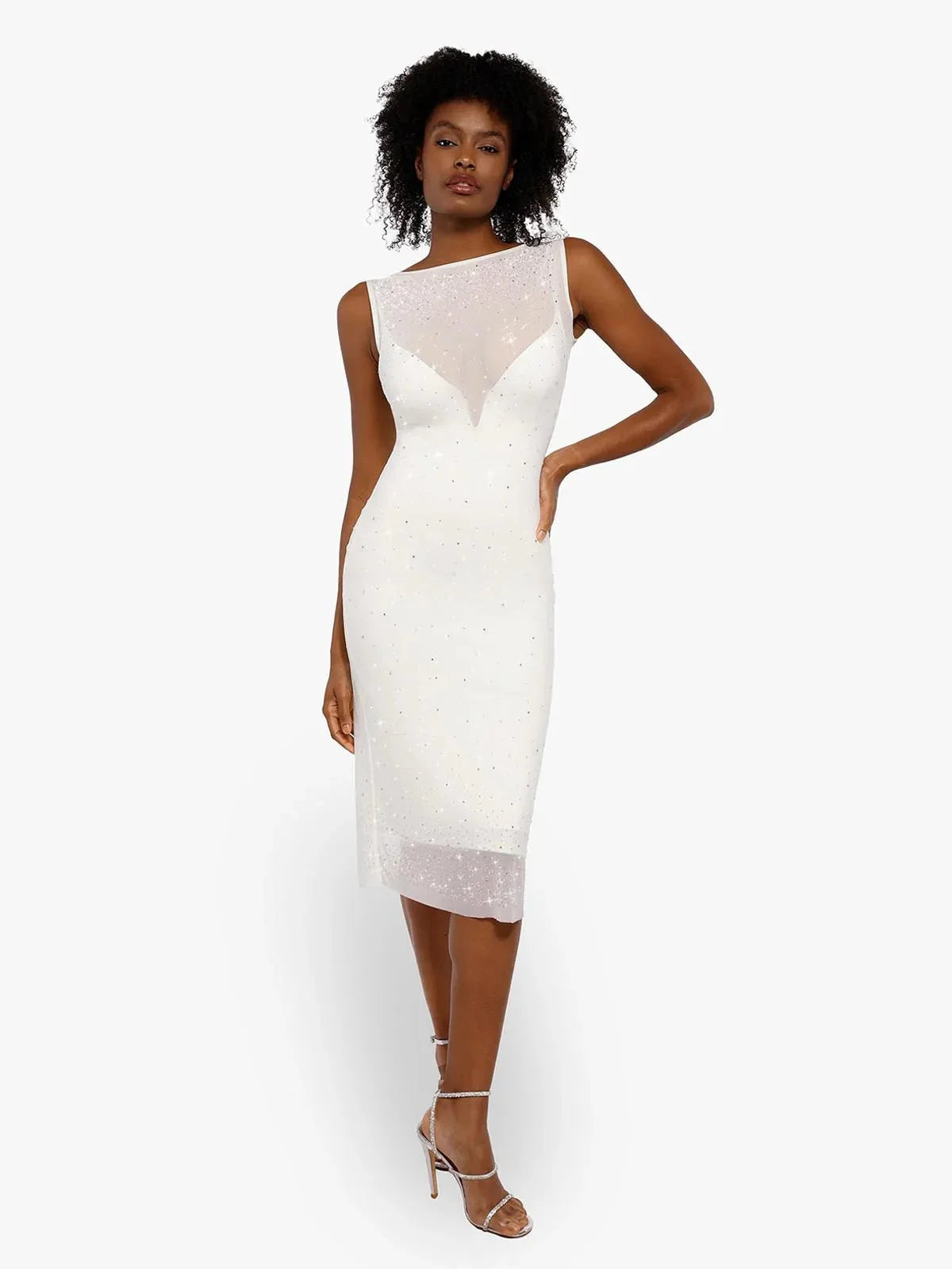 CYRA – Crystal Mesh Shaping Dress - LivingCurves Diamonds Bodycon Party Cocktail Evening Gown Wit / S