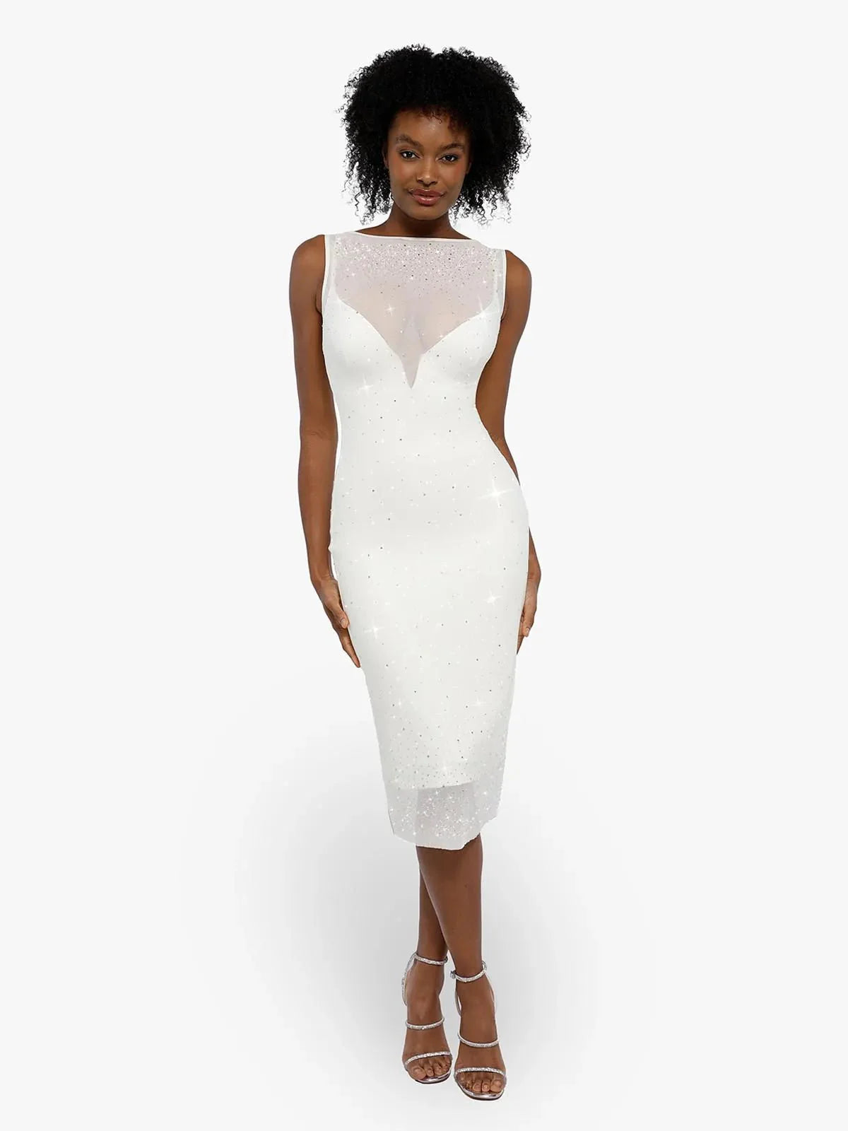 CYRA – Crystal Mesh Shaping Dress - LivingCurves Diamonds Bodycon Party Cocktail Evening Gown Wit / S