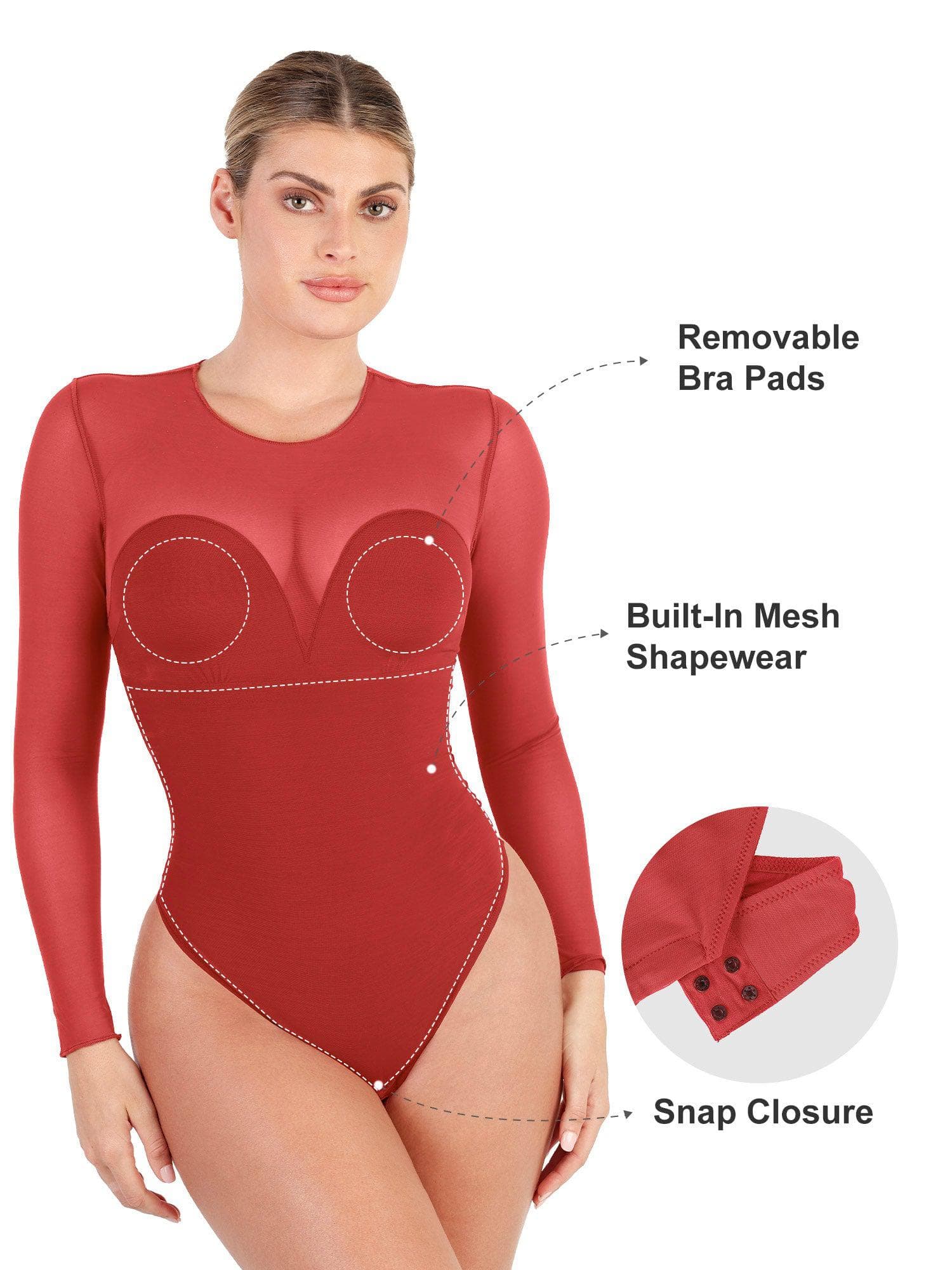 LAYLA – Mesh Bodysuit met Lange Mouwen - LivingCurves Sexy Tops Body Shaper Winter Rood / S