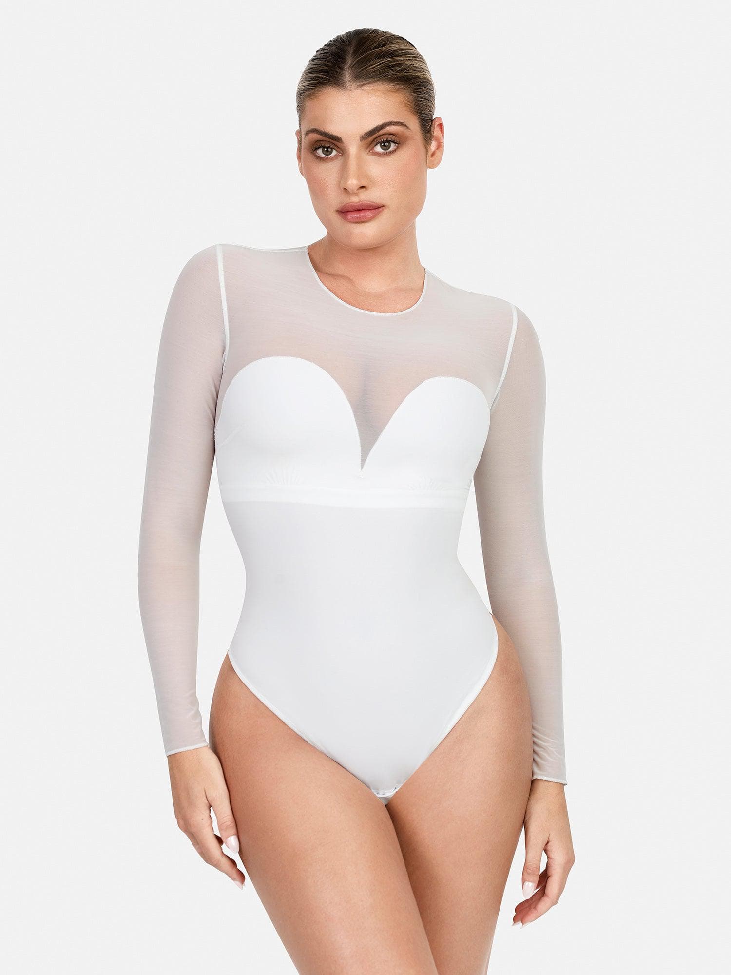 LAYLA – Mesh Bodysuit met Lange Mouwen - LivingCurves Sexy Tops Body Shaper Winter Wit / S