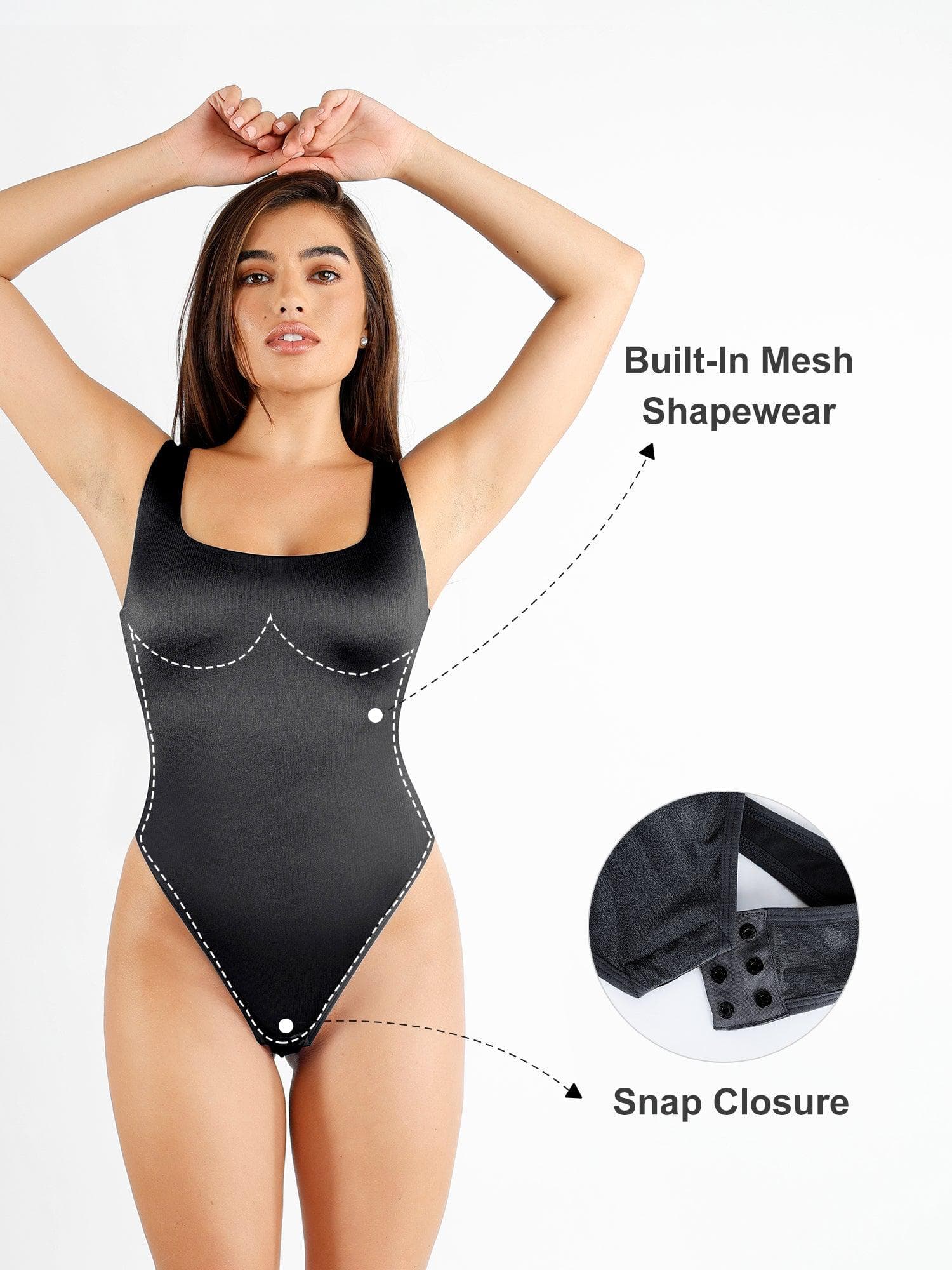 LIORA – Square Neck Shine Thong Bodysuit - LivingCurves Tops Body Shaper Tank Sale Zwart / S