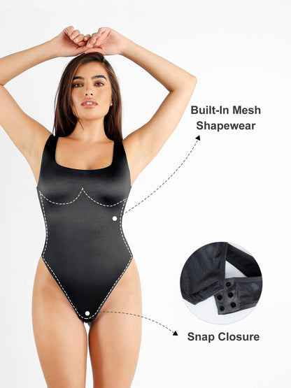 LIORA – Square Neck Shine Thong Bodysuit - LivingCurves Tops Body Shaper Tank Sale Zwart / S