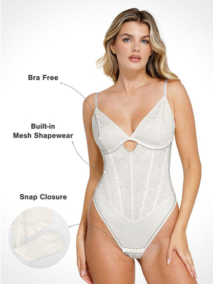 OPHELIA – Lace Bodysuit met Cutout - LivingCurves Tops Body Shaper Wit / XS