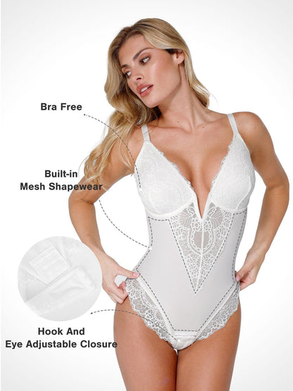 ISLA – Lace Full Bust Bodysuit met Plunging V - LivingCurves Tops Body Shaper Roze / XS