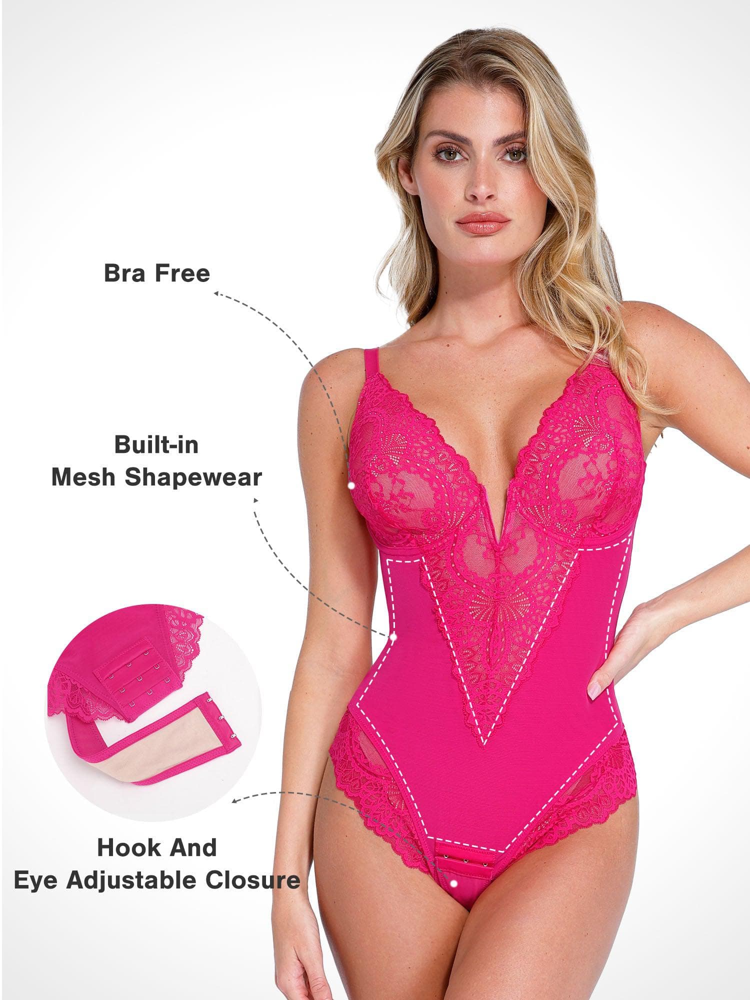 ISLA – Lace Full Bust Bodysuit met Plunging V - LivingCurves Tops Body Shaper Roze / XS