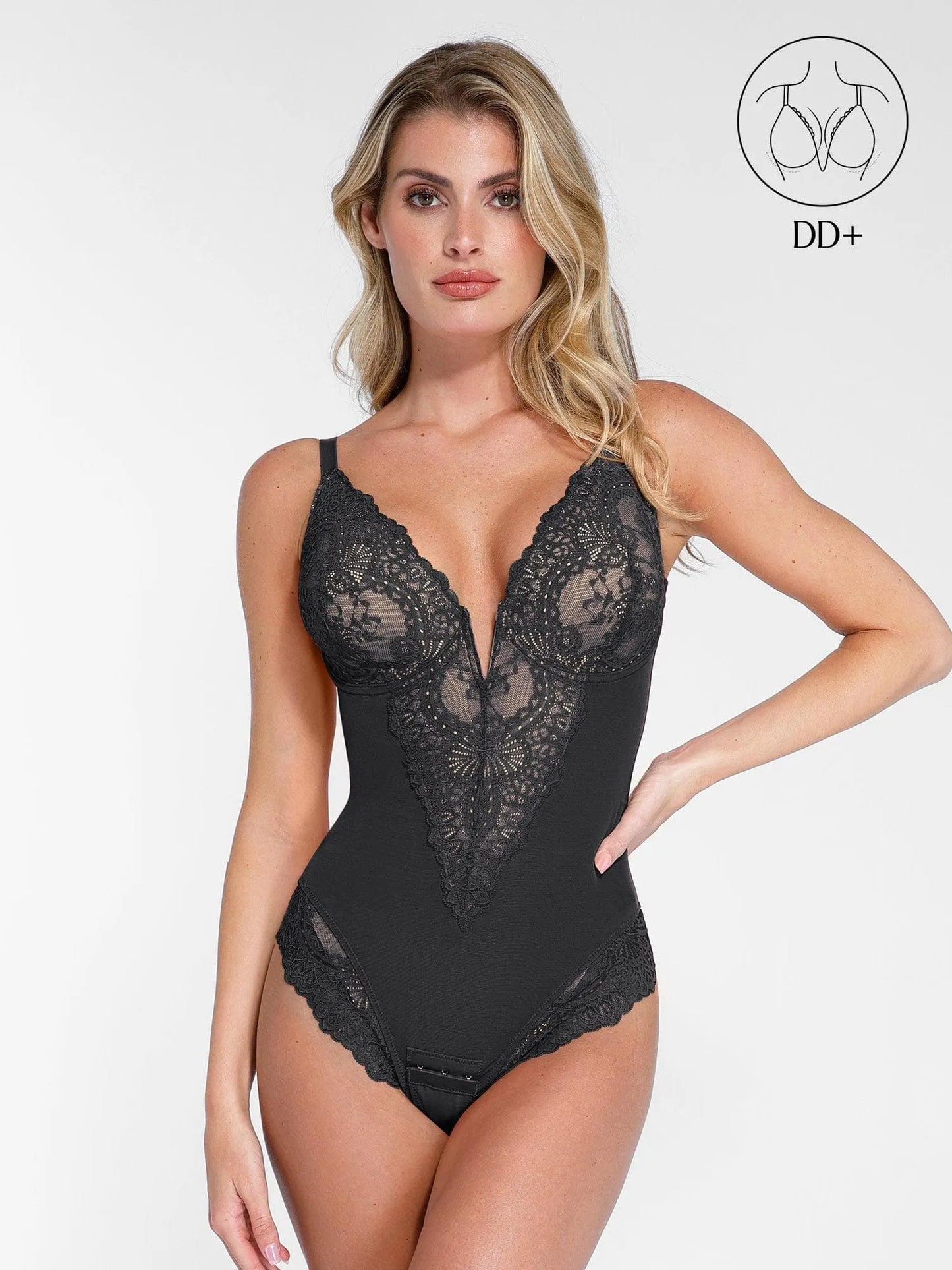 ISLA – Lace Full Bust Bodysuit met Plunging V - LivingCurves Tops Body Shaper Roze / XS