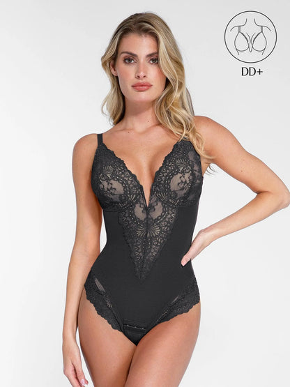 ISLA – Lace Full Bust Bodysuit met Plunging V - LivingCurves Tops Body Shaper Roze / XS