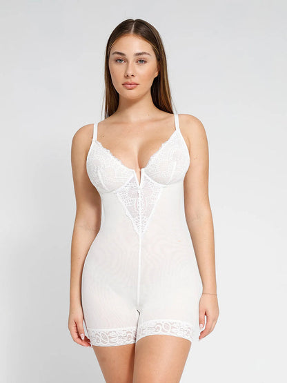 Shapewear Lace Deep V-Neck Sculpting Mid-Thigh Bodysuit - LivingCurves Mid-Thigh Body Shaper Jumpsuit Wit / S