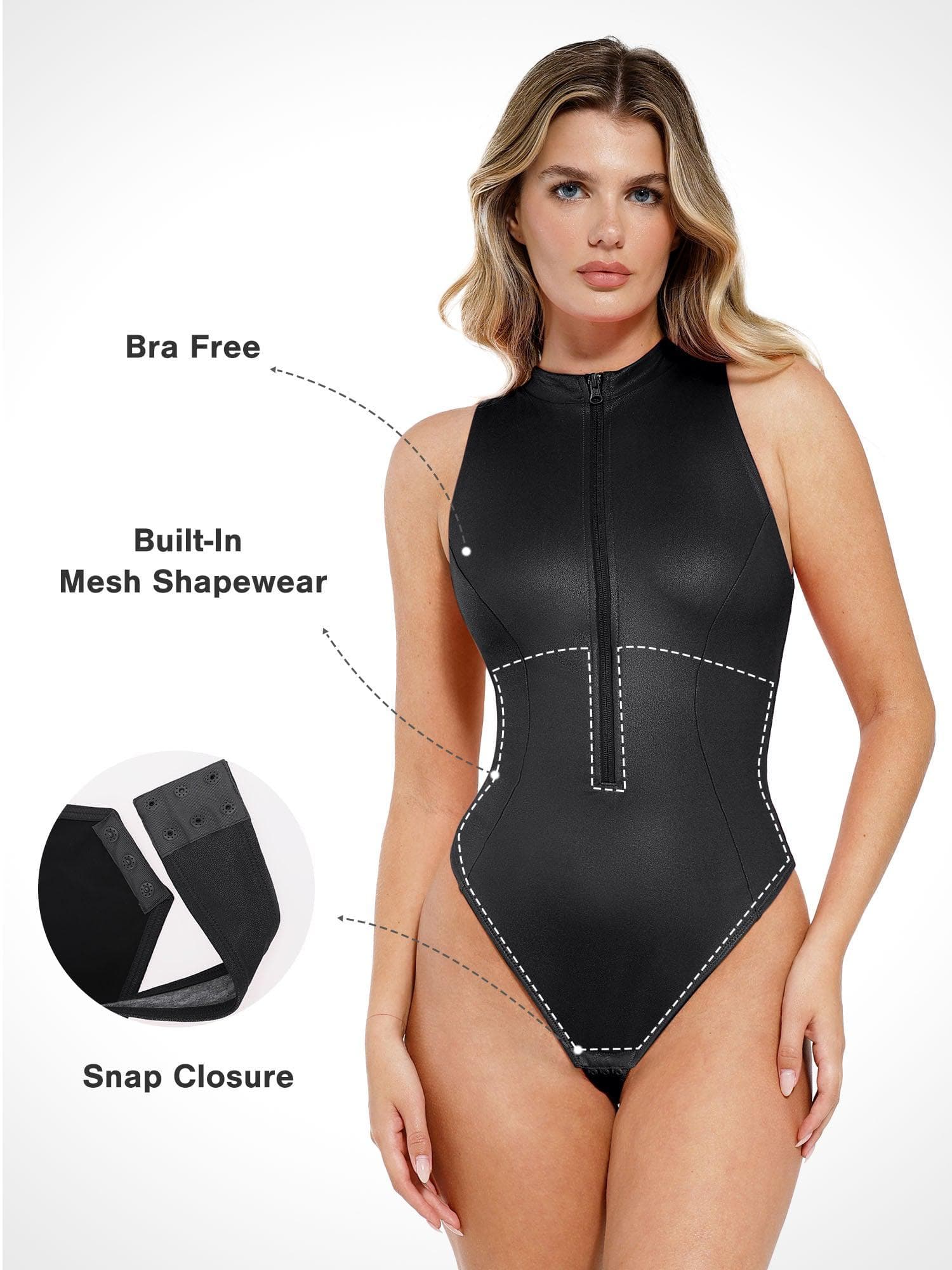 NOVA – Faux Leather Zip Bodysuit - LivingCurves Leather Sleeveless Body Shaper Zwart / XS