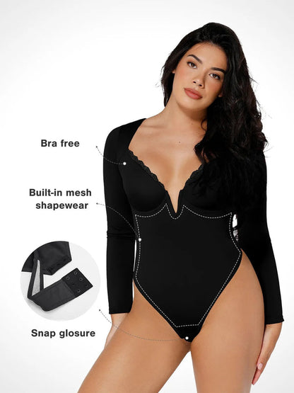 ELINE – Long Sleeve Lace V-Neck Bodysuit - LivingCurves Tops Body Shaper Sculpting Winter Rood / XS