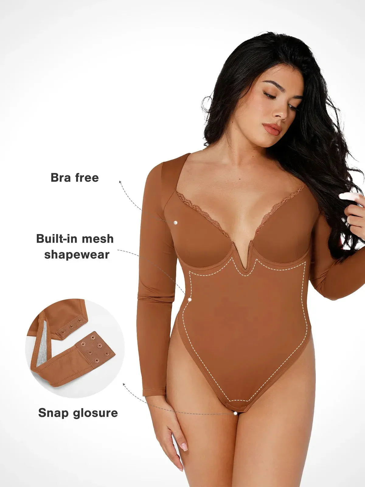 ELINE – Long Sleeve Lace V-Neck Bodysuit - LivingCurves Tops Body Shaper Sculpting Winter Rood / XS