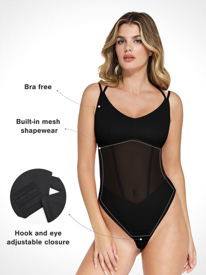 ELIN – Mesh Bodysuit met Crisscross Back - LivingCurves Sexy Tops Body Shaper Tank Wit / S