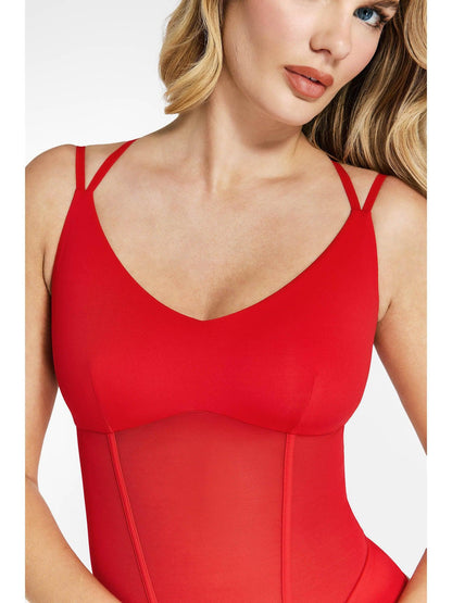 ELIN – Mesh Bodysuit met Crisscross Back - LivingCurves Sexy Tops Body Shaper Tank Wit / S